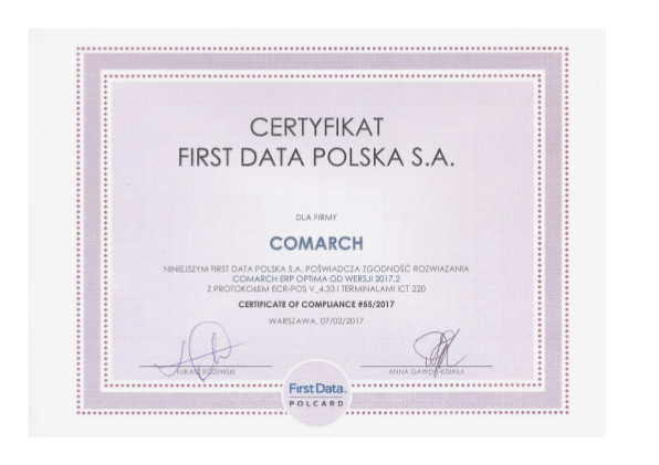 Certyfikat First Data Polska S.A. dla ICT220